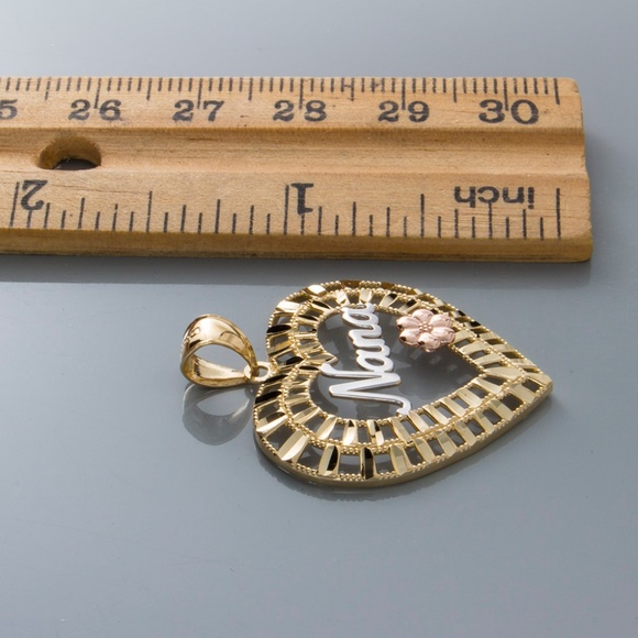 14k Tri-Color Gold Nana in Heart Pendant Necklace w Rose Gold Flower 31mm x 27mm - Picture 3 of 4